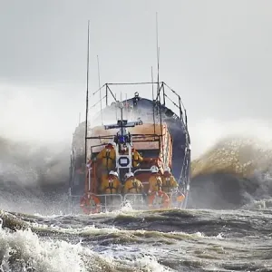 Aldeburgh Mersey class lifeboat ON 1193 Freddie Cooper 12-34 launching into NE gale 8. rough sea spray large waves Aldeburgh Mersey class lifeboat ON 1193 Freddie Cooper 12-34 launching into NE gale 8. rough sea spray large waves