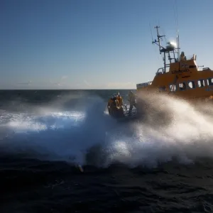 Arklow Trent class lifeboat Ger Tigchelaar 14-19. Lifeboat moving from left to right at speed, lots of white spray