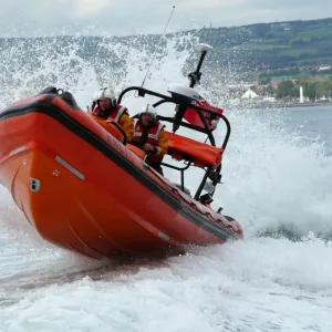 Bangor Alantic 85 inshore lifeboat Jessie Hillyard B-805 heading towards the camera at aspeed, lots of white water spray