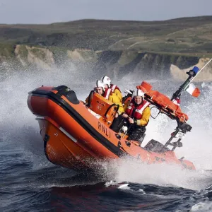 Clifden Atlantic 75 class inshore lifeboat Benjamin Downing Fairbridge B-751 with three crew on board heading towards the camera