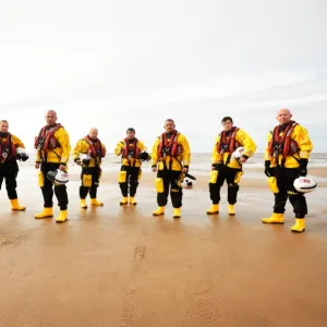 Group shot of crew members who featured in the BBC programme Saving Lives at Sea, produced by Blast films and broadcast in Spring 2016. Left to right: Elissa Thursfield (Abersoch), Jim Edwards (Eastbourne), Chris Walker (Tower)