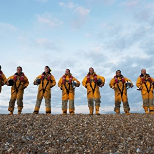 Group shot Dungeness lifeboat crew. Shot during the filming of the Gallantry award reconstruction for Garry Clark, for his part in the rescue of the yacht Liquid Vortex. L-R: Roger Gillett, Simon Collins, Garry Clark, Mark Richardson, Trevor Bunney