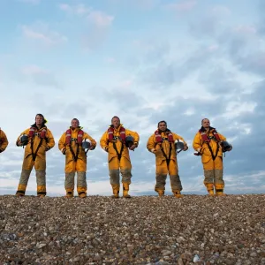 Group shot Dungeness lifeboat crew. Shot during the filming of the Gallantry award reconstruction for Garry Clark, for his part in the rescue of the yacht Liquid Vortex. L-R: Roger Gillett, Simon Collins, Garry Clark, Mark Richardson, Trevor Bunney