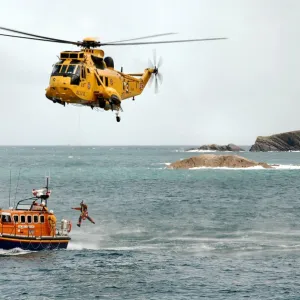 Ilfracombe Mersey class lifeboat Spirit of Derbyshire 12-007 during a helicopter demonstration at Ilfracombe Rescue Day