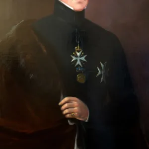 Oil on canvas, half length portrait. Shown wearing the robes and cross of a Kinght of the Order of St John of Jerusalem, commonly known as a Knight of Malta. Artist unknown, English School, mid 19th Century