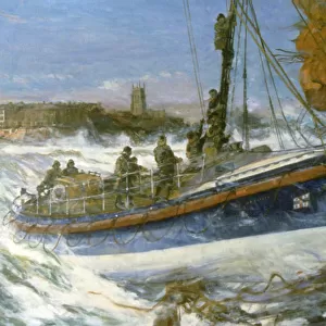 Oil painting. Cromer lifeboat going to the aid of the Sepoy in 1933. Town in the background. Lifeboat foreground centre. Sails of the Sepoy to its right. Artist Charles Dixon RA