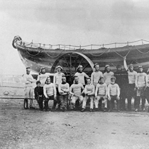 Redcar lifeboat the Emma, c. 1877. Crew are lined up in front of