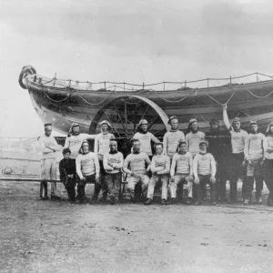 Redcar lifeboat the Emma, c. 1877. Crew are lined up in front of