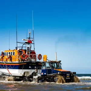 Rhyl Mersey class lifeboat Lil Cunningham 12-24 being launched by tractor