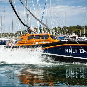 Self-right test of the Shannon class lifeboat Jock and Annie Slater 13-01 at Berthons boatyard in Lymington