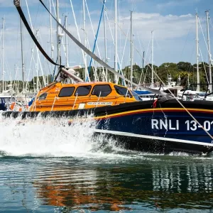 Self-right test of the Shannon class lifeboat Jock and Annie Slater 13-01 at Berthons boatyard in Lymington Self-right test of the Shannon class lifeboat Jock and Annie Slater 13-01 at Berthons boatyard in Lymington