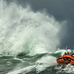 St Ives D-class inshore lifeboat in rough seas