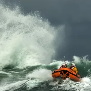 St Ives D-class inshore lifeboat in rough seas