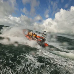 Trearddur Bay Atlantic 85 Hereford Endeavour B-847 during a training exercise in rough weather. Large waves and lots of spray