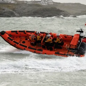 Trearddur Bay Atlantic 85 Hereford Endeavour B-847 following her naming ceremony by Prince William and Catherine Middleton. Lifeboat heading from right to left during demo Trearddur Bay Atlantic 85 Hereford Endeavour B-847 following her naming ceremony by Prince William and Catherine Middleton. Lifeboat heading from right to left during demo