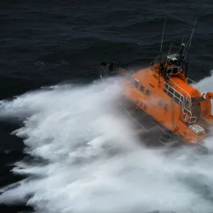 Valentia severn class lifeboat John and Margaret Doig 17-07. Aerial shot taken from Irish Coastguard helicopter, lots of white spray