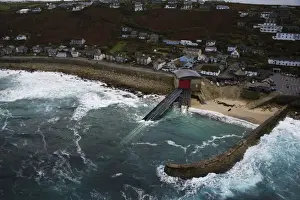 Aerial view of Sennen Cove lifeboat station taken from RNAS Culdrose helicopter