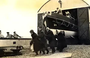 Black and white photo of the lady launchers hauling the Dungeness lifeboat