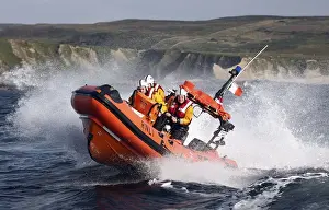 Clifden Atlantic 75 class inshore lifeboat Benjamin Downing Fairbridge B-751 with three crew on board heading towards the camera