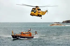 Ilfracombe Mersey class lifeboat Spirit of Derbyshire 12-007 during a helicopter demonstration at Ilfracombe Rescue Day