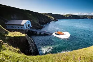 Lizard Tamar class lifeboat Rose 16-20 being launched down the slipway on a training exercise