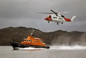 Mallaig severn class lifeboat Henry Alston Hewat 17-26 during a training exercise with Coastguard helicopter