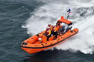 Red bay Atlantic 75 Dorothy May B-728. Aerial shot, lifeboat moving away towards the camera at speed Red bay Atlantic 75 Dorothy May B-728. Aerial shot, lifeboat moving away towards the camera at speed