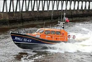 Whitby Shannon class all-weather lifeboat Lois Ivan 13-49 at sea during a training exericse, a Launch a Memory (LAM) lifeboat
